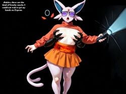 ai-created ai_assisted ai_generated chubby_female dark_type darkness eevee eeveelution espeon exposed_breasts female female_focus female_only flashlight from_behind medium_breasts orange_skirt pokemon psychic_type shiny_pokemon shiny_umbreon shocked shocked_expression squeezing_breasts umbreon velma_dinkley velma_dinkley_(cosplay) violet_eyes