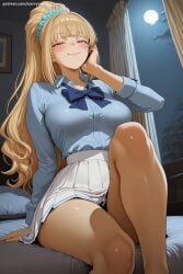 1girl ai_generated bangs blonde_hair blue_shirt blunt_bangs blush breasts classroom_of_the_elite eyebrows_visible_through_hair full_moon hand_on_own_cheek hi_res high_quality high_resolution indoors karuizawa_kei large_breasts long_hair looking_at_viewer moon night night_sky on_bed patreon pleated_skirt ponytail purple_eyes savvyraexo scrunchie seductive sexy shirt sitting skirt sky smile solo thighs uncensored watermark white_skirt window