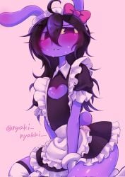 1girls 2026 2d artist_request blush bunny_ears bunny_girl bunny_tail cleavage_cutout dark_hair female_jax full_color glitch_productions gloves gooseworx heart_eyes jax_(tadc) jax_(the_amazing_digital_circus) long_hair looking_at_viewer maid maid_jax_(the_amazing_digital_circus) maid_uniform purple_skin sitting solo solo_focus stockings sweat text the_amazing_digital_circus trans_woman trans_woman_(lore) watermark