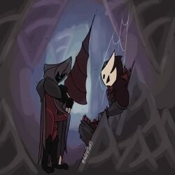 1:1 2_fingers 4_fingers anthro armor arthropod boots bottomwear cape clothing coma crust_king_khann detrefle13 duo erection fingers footwear gloves grey_body handwear hi_res hollow_knight:_silksong hollow_knight_(franchise) hood humanoid last_karaka_(detrefle13) male male/male muscular pants red_body shoes team_cherry