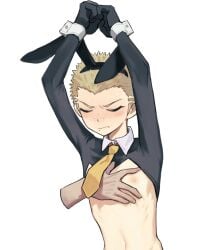 blush bunny_ears casssstle12 danganronpa danganronpa_2:_goodbye_despair embarrassed fuyuhiko_kuzuryuu hand_on_chest hands_above_head male male_focus male_only nipples reverse_bunnysuit rubbing_chest
