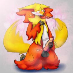 1:1 1boy 2025 animal_genitalia anonymous_artist anthro anthro_male anthro_only balls blush bodily_fluids canine_penis colored delphox digital_drawing_(artwork) digital_media_(artwork) english_text fur furry furry_male furry_only generation_6_pokemon genital_fluids genitals kneeling male male_delphox male_focus male_masturbation male_only masturbation nintendo penis pokemon pokemon_(species) precum shaded simple_background solo solo_male tail text