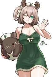 1girls :) animal_ears babydoll bare_shoulders big_breasts breasts brown_hair cleavage clothed collarbone dress eyelashes female female_only green_eyes head_tilt holding_creature holding_object kemonomimi light-skinned_female light_hair light_skin nimi_nightmare nurse_cap one_eye_closed rotomdocs side_ponytail smile solo standing tapir thighs virtual_youtuber waving waving_at_viewer wink winking_at_viewer