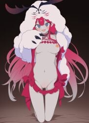 absurdres baobhan_sith_(fate) baobhan_sith_(swimsuit_pretender)_(fate) baobhan_sith_(swimsuit_pretender)_(first_ascension)_(fate) blush breasts cernunnos_(fate) character_hair_ornament fate/grand_order fate_(series) female grey_eyes hair_ornament hand_up headwear_with_attached_mittens highres kneeling long_hair looking_at_viewer luke_(b10a3123m) microskirt nipples nude oerba_yun_fang open_mouth pink_hair pink_skirt pointy_ears pussy pussy_juice sidelocks skirt smile solo
