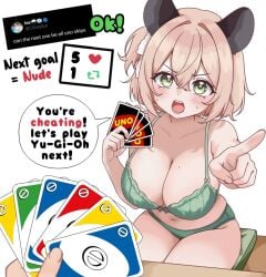 1girls 1other big_breasts blonde_hair blush bow bow_bra bra breasts cleavage female green_bra green_eyes green_panties indie_virtual_youtuber kemonomimi large_breasts light-skinned_female light_skin lingerie moshiedraws nimi_nightmare open_mouth panties pov short_hair simple_background strip_game sweat tagme twitter underwear uno_(game) uno_card vtuber white_background