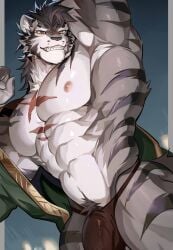abs anthro asian_clothing biped black_nose black_stripes blurred_background brown_pubes bulge cheek_tuft chest_scar chung0_0 claws clothed clothing detailed_bulge east_asian_clothing facial_tuft felid finger_claws fur glistening glistening_body green_clothing green_kimono grey_body grey_fur hair hands_behind_head hi_res inner_ear_fluff japanese_clothing kimono male male_anthro mammal multicolored_body multicolored_fur muscular muscular_anthro muscular_male nipples open_clothing open_kimono orange_eyes pantherine pecs pubes scar sdorica sharp_teeth smile solo striped_body striped_fur striped_legs stripes tail teeth tiger tuft underwear white_body white_fur white_inner_ear_fluff x_scar yao_(sdorica)