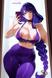 ai_generated braided_ponytail evilkuro05 genshin_impact gym holding_phone hoyoverse leggings mirror mole_under_eye purple_hair raiden_shogun selfie sports_bra