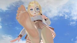 1girl 3d 3d_(artwork) artist_request bare_legs barefoot blonde_female blonde_hair blue_eyes blue_sky detective feet foot_fetish giantess hololive hololive_english hololive_myth looking_at_viewer looking_down magnifying_glass open_mouth panties plaid_skirt pov short_skirt skirt sky sole soles stomping_pov toes uniform upskirt watson_amelia white_panties white_shirt