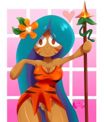 big_breasts breasts cookie cookie_run_kingdom dress female female_only flower huge_breasts humanoid long_hair panties ramenboy17 solo spear teal_hair thick_thighs tiger_lily_cookie