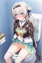 1girl 1girls @_@ ai_generated black_hairband black_jacket blue_eyes blue_pupils blush bow bow_panties breasts brown_jacket cleft_of_venus closed_mouth clothes_lift commentary_request cropped_jacket firefly_(honkai:_star_rail) gradient_hair grey_hair hair_bow hair_intakes hair_ribbon hairband honkai:_star_rail jacket lifted_by_self long_hair long_sleeves multicolored_eyes multicolored_hair neckerchief orange_neckerchief panties panty_pull purple_eyes pussy restroom ribbon shirt sitting skirt skirt_lift solo tile_floor tile_wall tiles toilet toilet_paper toilet_stall toilet_use uncensored underwear white_panties white_shirt zelanell