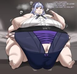 1girls barefoot bbw bed belly belly_bigger_than_head belly_button belly_overhang big_belly big_breasts big_thighs dialog double_chin fat fat_arms fat_ass fat_belly fat_face fat_female fat_fetish fat_folds fat_rolls fat_thighs hypnagogum immobile love_handles morbidly_obese morbidly_obese_female obese obese_female on_bed overweight overweight_female pointy_ears purple_hair red_eyes ssbbw text ussbbw vivian_(zenless_zone_zero) zenless_zone_zero