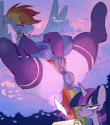 absurd_res animal_genitalia bodily_fluids breast_milking clothing daydream ejaculation equid equine female female/female feral friendship_is_magic genital_fluids genitals hasbro heart_symbol hi_res horse imagination lactating legwear mammal masturbation my_little_pony pony pussy_ejaculation rainbow_dash_(mlp) sinful_pie spread_wings stockings thigh_highs twilight_sparkle_(mlp) vaginal_fluids wings