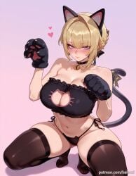 ai_generated animal_ears animal_hands balecxi bare_shoulders bell black_panties black_thighhighs blonde_hair blush bra cat_cutout cat_ears cat_lingerie cat_tail choker cleavage cleavage_cutout clothing_cutout collarbone evelyn_chevalier fake_animal_ears female gloves large_breasts looking_at_viewer meme_attire navel patreon_username paw_gloves purple_eyes solo squatting thighs underwear zenless_zone_zero