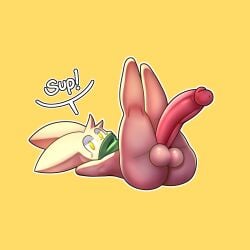 absurd_res anthro ass balls big_penis blush blush_lines digital_media_(artwork) erection exercise fur genitals glans handkerchief hi_res kerchief lagomorph leporid lying male mammal marcz nude pan_(marcz) penis rabbit raised_leg simple_background small_but_hung solo text workout yellow_body yellow_eyes yellow_fur