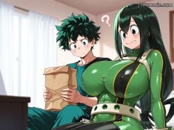 1boy 1girls abs ai_generated asui_tsuyu athletic athletic_female bag black_eyes black_eyes_female bodysuit boku_no_hero_academia breasts breasts_bigger_than_head female freckles freckles_on_face froppy green_eyes green_eyes_male green_hair green_hair_female green_hair_male hero_outfit_(mha) holding_bag huge_breasts illustrious_(stable_diffusion) izuku_midoriya jscammie male midoriya_izuku my_hero_academia nipple_outline paper_bag question_mark tight_bodysuit tight_clothing tsuyu_asui watermark