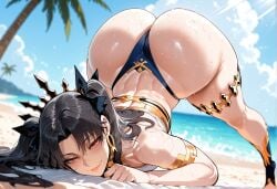 1girls ai_generated all_fours armlet ass asymmetrical_legwear back bangs bare_shoulders beach bikini black_bikini black_hair black_swimsuit blue_bikini blue_sky blush breasts cleavage clothing cloud curvaceous curvaceous_female curvaceous_figure curvy curvy_figure day earrings exhibitionism fate/grand_order fate_(series) feet female female female_focus female_only flexible from_behind gold_trim hair_ornament hair_ribbon hoop_earrings inviting inviting_to_sex ishtar_(fate) jack-o'_challenge jewelry large_breasts long_hair looking_at_viewer looking_back lying mismatched_bikini miyuai neck_ring ocean on_stomach outdoors outside palm_tree parted_bangs parted_lips presenting presenting_ass presenting_hindquarters presenting_self red_eyes ribbon sand seductive seductive_look seductive_smile shiny_skin single_thighhigh skindentation sky smile solo spread_legs sweat swimsuit thighhighs thighs thong tiara top-down_bottom-up tree twintails two_side_up voluptuous voluptuous_female water wet