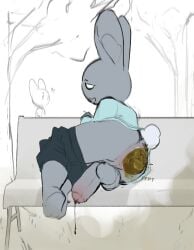 ambiguous_gender anthro anus ass background_character balls bench black_bottomwear black_clothing black_shorts blue_clothing blue_shirt blue_topwear bodily_fluids bottomwear bottomwear_down clothed clothing crowning_feces dripping duo empty_eyes eyebrows fart fart_cloud feces fur genital_fluids genitals grey_body grey_fur grey_inner_ear_fluff hi_res inner_ear_fluff lagomorph leporid long_sleeve_shirt looking_at_another lying male mammal narrowed_eyes on_side open_mouth outside park_bench partially_clothed peeing penis plant precum precum_drip public public_exposure rabbit raised_eyebrow scat scatplay scut_tail shirt short_tail shorts shorts_down simple_background tail tiosqr topwear tree tuft