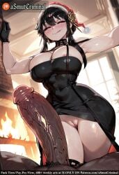 ai_generated asmutcriminal bangs black_dress black_hair blush breasts choker cleavage closed_eyes dress earrings erection eyebrows_visible_through_hair female fire fireplace gloves hat huge_cock indoors large_breasts large_penis long_hair mole mole_on_thigh penis precum red_headwear santa_hat smile solo_focus straight sweat tagme testicles thighhighs thighs veins veiny_penis window