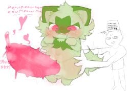 anonymous_character belly big_penis blush blush_lines bodily_fluids domestic_cat drooling duo felid feline felis feral fur generation_9_pokemon genital_fluids genitals green_body green_fur held_up hi_res huge_cock ijijil looking_at_genitalia male male/male mammal meow musk nintendo paws penis pokemon pokemon_(species) precum precum_squirt raised_paw saliva small_but_hung spiked_penis spikes spikes_(anatomy) splurt sprigatito tears text