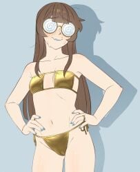 1girls bikini blue_lipstick blue_nails blush brown_hair cameltoe embarrassed female female_only glasses golden_bikini hands_on_hips mole mole_above_mouth navel nervous_smile realda_(vibrantrida) simple_background smile solo solo_female sweat sweatdrop swirly_glasses vibrantrida