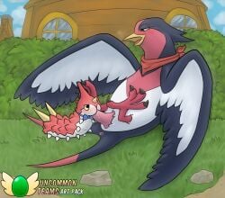 ambiguous_gender anus arthropod avian avian_feet beak bird blush bodily_fluids bow_tie bow_tie_only detailed_background digital_media_(artwork) duo english_text feathered_wings feathers fellatio feral generation_3_pokemon genitals hi_res insects kerchief kerchief_only male mostly_nude nintendo oral outside penile penis plant pokemon pokemon_(species) pokemon_mystery_dungeon rymherdier saliva sex spike_chunsoft swellow tapering_penis team_tasty text wings wurmple
