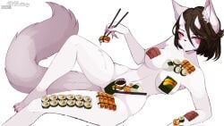 ass big_ass big_breasts big_butt big_thighs big_titties black_hair breasts cat_ears cat_girl cat_tail catgirl curvaceous curvaceous_female curvaceous_figure curvy curvy_figure curvy_hips female female_focus female_only furry furry_female furry_only looking_at_viewer mmaikory nude nude_female original original_character short_hair sushi sushi_roll white_fur