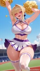 ai_generated armpits arms_up balecxi bare_shoulders blonde_hair blush cheerleader cleavage evelyn_chevalier female holding_pom_poms large_breasts looking_at_viewer navel one_eye_closed open_mouth patreon_username pom_pom_(cheerleading) purple_eyes skirt smile solo thick_thighs white_thighhighs zenless_zone_zero
