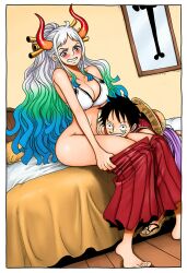ai_generated artist_request big_breasts blonde_hair blush breasts clothing female male monkey_d_luffy one_piece oni thick_thighs undressing white_hair wide_hips yamato_(one_piece)one_piece