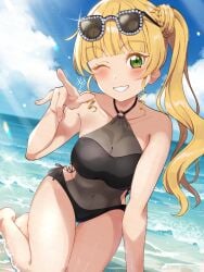 armpit_crease bare_arms bare_legs bare_shoulders bare_thighs barefoot beach belly_button_visible_through_clothing black_one-piece_swimsuit blonde_hair blush breasts cleavage collarbone feet_out_of_frame green_eyes heanna_sumire kyaku_tasu long_hair love_live! love_live!_superstar!! medium_breasts one-piece_swimsuit one_eye_closed outdoors parted_lips ponytail side-tie_bikini_bottom side_ponytail smile sunglasses sunglasses_on_head swimsuit thighs wink