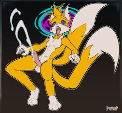 2025 absurd_res arashidrgn balls bodily_fluids canid canine cum drooling erection fur genital_fluids genitals hair hi_res humanoid_genitalia hypnosis male mammal mind_control nude open_mouth penis saliva sega simple_background sonic_the_hedgehog_(series) tail tails tongue