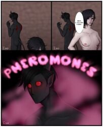 1boy 1boy1girl 1girls azazel_(the_binding_of_isaac) bare_breasts black_hair broken_horn dark-skinned_male eve_(the_binding_of_isaac) horns iso_404 pale-skinned_female pheromones pill red_eyes short_hair the_binding_of_isaac