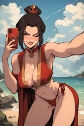 ai_generated armpits avatar_legends avatar_the_last_airbender azula beach bikini_bottom black_hair blushing breasts cameltoe cleavage dark_hair daytime faprunner78 hair_accessory holding_phone lipstick medium_breasts nail_polish natural_breasts nickelodeon nicktoons outdoors princess red_clothing red_eyes red_nail_polish royal royalty smiling sunny teenage_girl teenager thick_thighs thighs winking