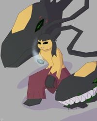 2024 4:5 absurd_res anthro bared_teeth blood blood_from_mouth blood_in_mouth bodily_fluids colored_blood dark_sclera female generation_3_pokemon generation_6_pokemon gore green_blood green_eyes grey_background hi_res jordangtxle mawile mega_evolution mega_mawile missing_arm nintendo pokemon pokemon_(species) regeneration severed_arm severed_body_part severed_limb simple_background solo sorin_(jordangtxle11) steam tear_duct unusual_blood unusual_bodily_fluids yellow_body