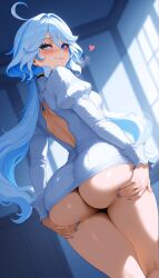 ai_generated ass_focus back_view big_ass blue_eyes blue_hair closed_mouth dress furina_(genshin_impact) genshin_impact holding_ass huge_ass jorai123 long_hair looking_back nervous short_dress small_breasts smaller_female solo solo_focus spread_ass standing white_hair