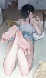 ass bare_legs bare_shoulders barefoot black_hair blue_eyes borrowed_character breasts chips_(food) clothed clothed_female crossed_ankles eating feet feet_up female food foot_fetish foot_focus foreshortening from_behind hair_over_one_eye highres indoors ishimi_yokoyama laying_on_stomach legs looking_back_at_viewer lying medium_breasts medium_hair on_floor on_stomach original pillow potato_chips sabotensuteeki shorts soles solo solo_female tank_top the_pose toenails toes wooden_floor