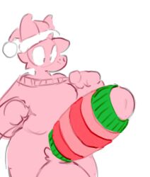 2022 absurd_res anthro balls big_penis christmas christmas_clothing christmas_headwear clothing digital_drawing_(artwork) digital_media_(artwork) freckled_face freckles genitals hat headgear headwear hi_res holidays huge_cock hyper hyper_genitalia hyper_penis liliko_(sofmallow) male penis pink_balls pink_body pink_clothing pink_sweater pink_topwear santa_hat simple_background sofmallow solo sweater topwear white_background