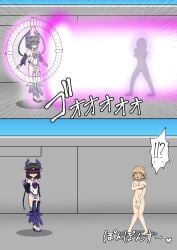 2girls 2koma barefoot black_hair blonde_hair breasts covering covering_breasts covering_crotch covering_self embarrassed embarrassed_nude_female enf feet female female_only kohinata_miku naked nude purpledetteiu senki_zesshou_symphogear stripped tachibana_hibiki_(symphogear)