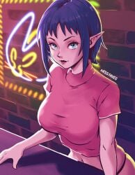 1girls alternate_version_available artist_name ass big_breasts blue_eyes bombchu_lady breast_focus breasts breasts_focus busty closed_mouth counter crop_top cropped_shirt curvaceous curvy curvy_female curvy_figure detailed_background elf_ears eyelashes female female female_focus female_only highres hylian hylian_ears indoors large_breasts light-skinned_female light_skin long_ears looking_at_viewer medium_hair miss_faves missfaves navel nintendo ocarina_of_time pointy_ears purple_hair red_lips sidelocks skindentation smile smiling solo solo_female solo_focus standing tagme the_legend_of_zelda thong twitter_username voluptuous voluptuous_female