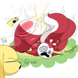 after_sex anthro ass big_butt bodily_fluids butt_slap canid canine canis chikn_nuggit chikn_nuggit_(chikn_nuggit) cum cum_in_ass cum_inside dialogue domestic_dog duo genital_fluids hawt_saus_(chikn_nuggit) hi_res japansadface male male/male mammal rodent sciurid simple_background slap spiral_eyes thick_thighs tree_squirrel
