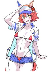 baked_apple big_breasts bikini blush brown_eyes denim_shorts female female_only hair_ornament horse_ears horse_girl horse_tail jacket looking_at_viewer matikanefukukitaru_(umamusume) micro_bikini open_jacket orange_hair pale-skinned_female pale_skin red_bikini short_hair short_shorts shorts smile solo sparkling_eyes thick_thighs toned toned_female umamusume umamusume_pretty_derby underboob visor wide_hips