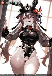 ai_generated asmutcriminal blush breasts brown_hair drooling fangs female flower hair_between_eyes hat hat_flower hu_tao_(genshin_impact) large_breasts long_hair long_sleeves looking_at_viewer open_mouth pussy red_eyes smile solo sweat tagme teeth thick_thighs thighhighs thighs very_long_hair window