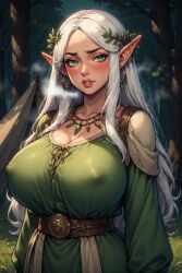 ai_generated blush dark-skinned_female dark_skin elf_female hoop_earrings huge_breasts nipple_outline steaming white_hair