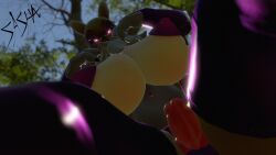 1futa big_breasts bikini digimon futanari looking_at_viewer looking_down pink_eyes renamon sloppydragons tagme vrchat