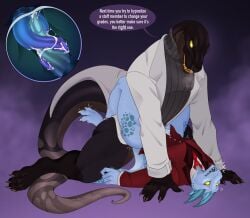 2_penises amphibian anthro blue_penis bodily_fluids clothed clothing cum cum_inside dialogue dragon duo forced from_front_position genital_fluids genitals hi_res hypnosis hypnotic_eyes internal kindreddemon lying male male/male mind_control missionary_position moan multi_genitalia multi_penis muscular muscular_male mythological_creature mythological_scalie mythology on_back open_mouth partially_clothed penetration penis salamander scalie sex shaking sharp_teeth slit_penetration slit_play sweat sweatdrop tail teeth