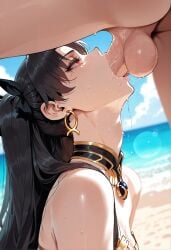 1boy 1girls ai_generated ass bangs bare_shoulders beach bikini black_hair black_ribbon blue_sky blush breasts clothing cloud curvaceous curvaceous_female curvaceous_figure curvy curvy_figure dark_skin day detached_collar earrings erection exhibitionism fate/grand_order fate_(series) fellatio female female female_focus hair_ornament hair_ribbon hoop_earrings ishtar_(fate) jewelry large_breasts large_penis long_hair looking_up male miyuai nipples nude ocean open_mouth oral outdoors outside penis red_eyes ribbon saliva saliva_trail sand sex sky solo_focus straight sweat swimsuit testicles tongue tongue_out twintails two_side_up upper_body veins veiny_penis voluptuous voluptuous_female water wet