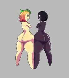 2025 2girls angry angry_expression angry_face arms_crossed ass back_view bickering big_butt black_hair breasts digital_media_(artwork) fat_ass large_ass leaf looking_at_another nude nude_female peach_(fruit) plum_(fruit) rippledvoice self_upload short_hair shortstack wide_hips