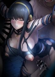 2boys bar_censor black_dress black_hair blush breasts censored cleavage clenched_teeth closed_eyes clothed_female_nude_male commentary_request dress erection female flower gold_hairband group_sex hair_flower hair_ornament hairband highres large_breasts large_variant_set long_hair looking_at_viewer mmf_threesome multiple_boys nipples nude onigirikun paid_reward_available penis pussy_juice rape restrained rose solo_focus spy_x_family straight sweat teeth thigh_sex threesome torn_clothes torn_dress variant_set yor_briar