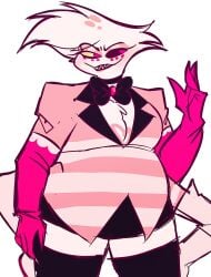 4_arms angel_dust_(hazbin_hotel) artiah669 belly big_thighs chubby chubby_male fat fat_male fat_thighs fleshpie669 gloves gold_tooth hazbin_hotel male obese sharp_teeth smile smug thick thick_thighs thighhighs thighs tummy vivienne_medrano wide_hips