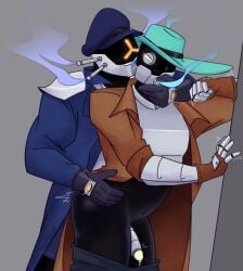 2025 2boys ambiguous_species anal bandit_(risk_of_rain) bara black_body black_skin blue_jacket captain_(risk_of_rain) chafa clothed clothed_sex clothing cowboy_hat exhaust_pipe feet_out_of_frame gay gay_anal gloved gloves hat helmet male male/male male_only male_penetrated male_penetrating male_penetrating_male masked masked_male movement_lines risk_of_rain risk_of_rain_2 robot robot_humanoid shoulder_pads signature standing_sex sweatdrop trembling unseen_male_face