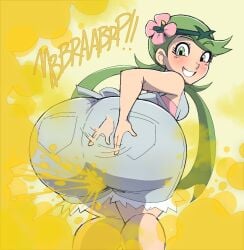 ass bare_arms bare_shoulders bent_over big_ass blush denim denim_shorts eyelashes fart fart_cloud fart_fetish farting female female flower flower_in_hair green_eyes green_headband grey_overalls hair_ornament headband long_hair looking_at_viewer looking_back mallow_(pokemon) overalls pokemon smile solo swept_bangs twintails waving waving_hand zeeny